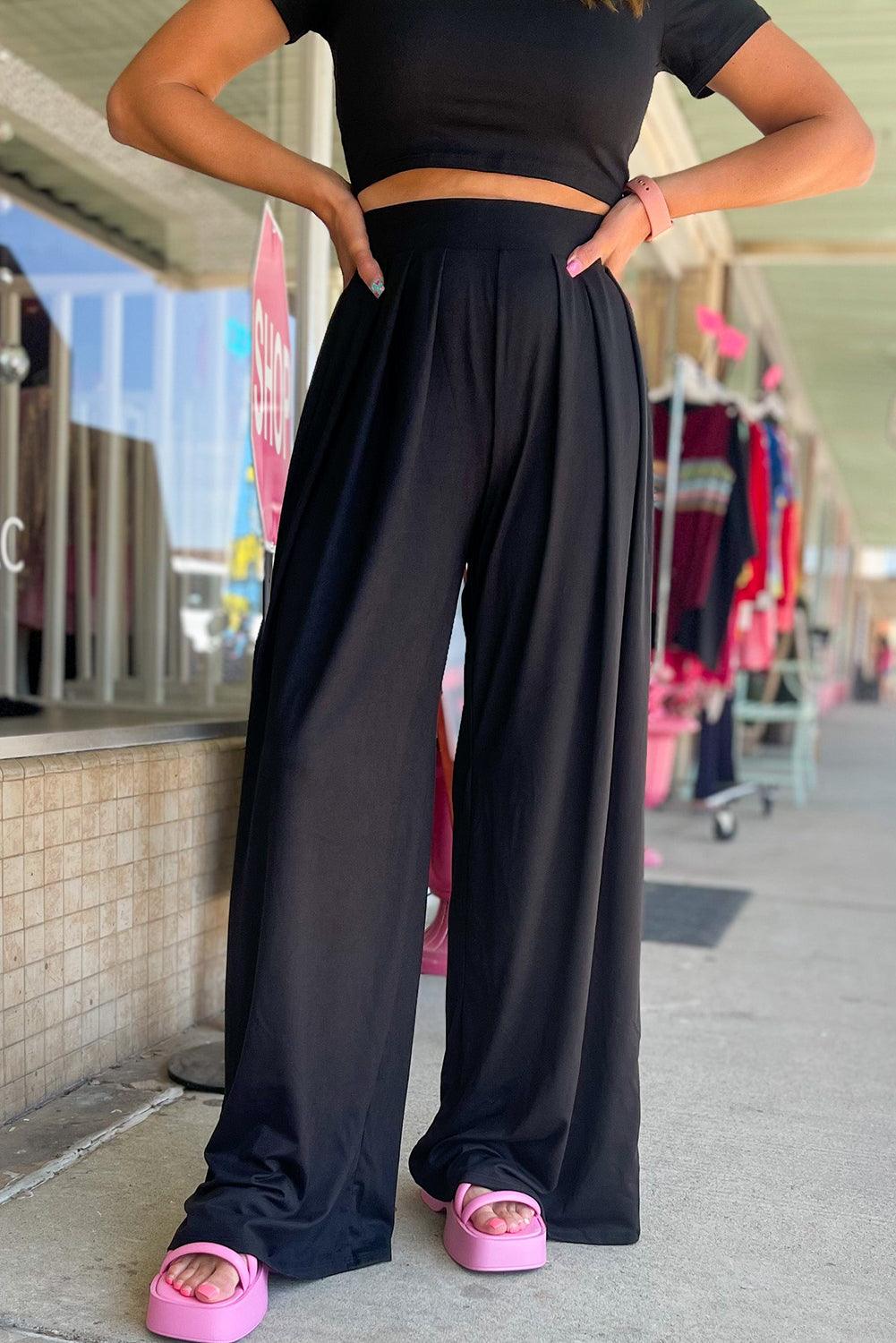 Strawberry Pink Plain Slim Fit Crop Top And Wide Leg Pants Set - The Fair Lady Shop