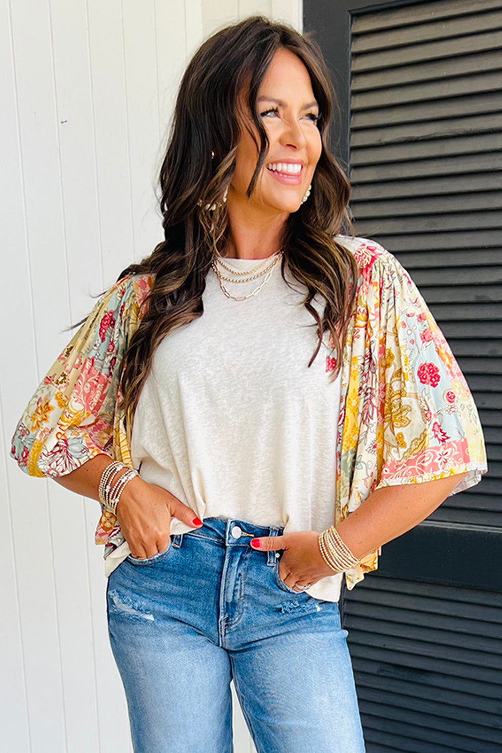 Beige Floral Patchwork Batwing Sleeve Blouse - The Fair Lady Shop