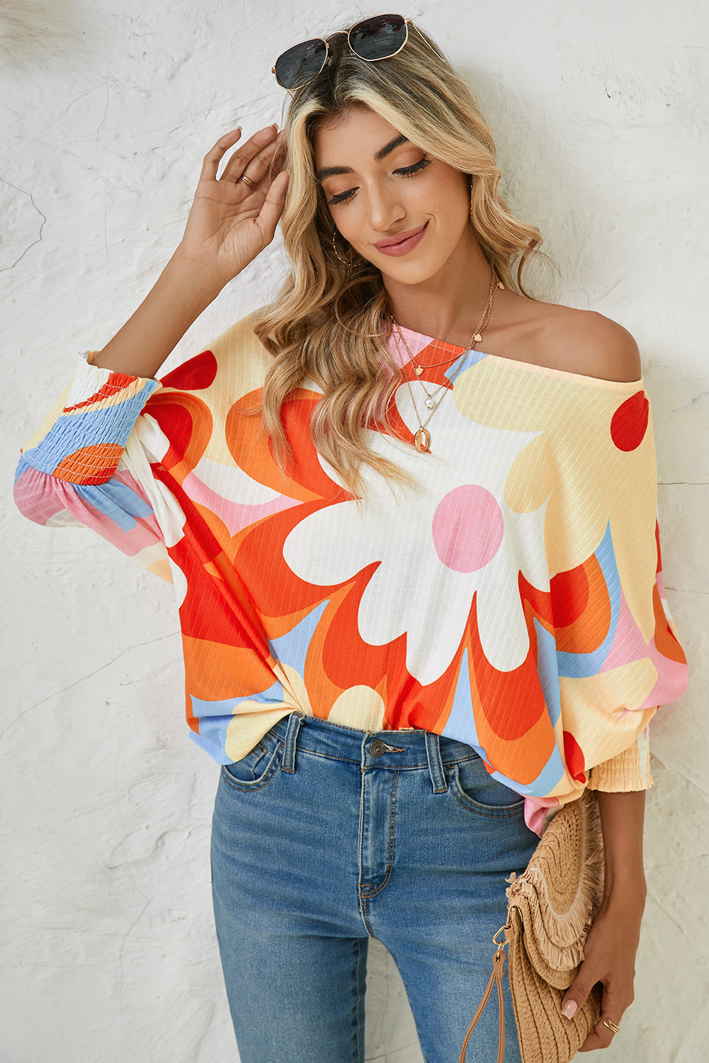 Yellow Colorful Floral Print Ribbed Dolman Blouse - The Fair Lady Shop