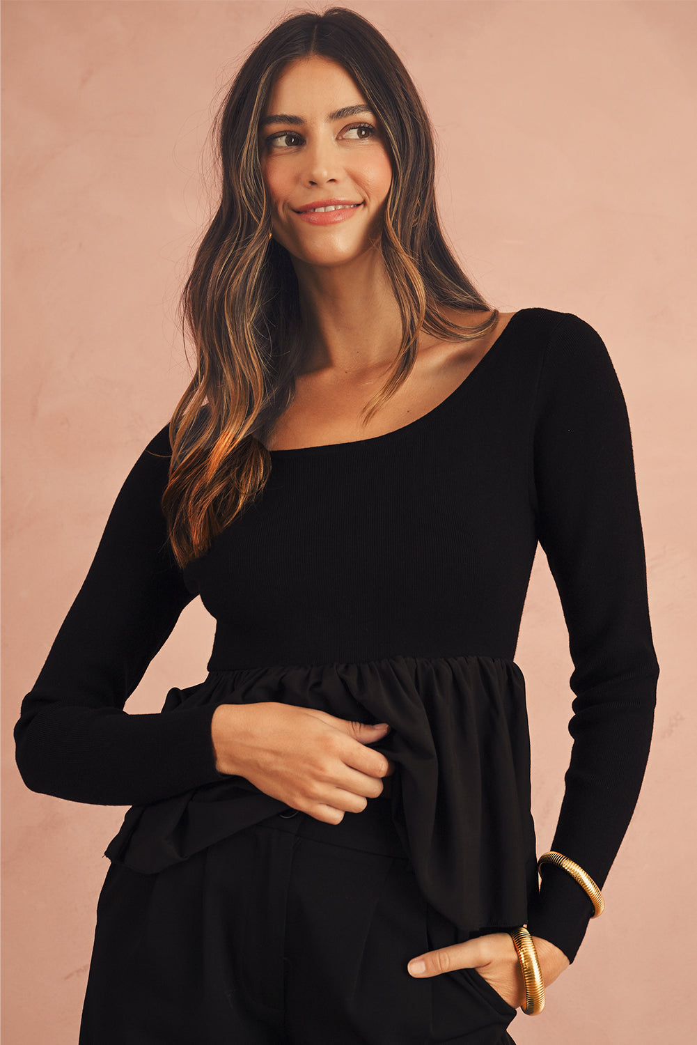 Black Pleated Hem Long Sleeve Ribbed Knit Top - The Fair Lady Shop