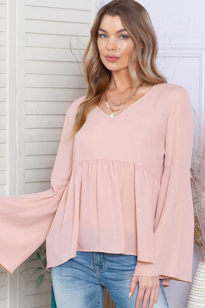 Pink Bell Sleeve Top V Neck Tie Back Peplum Blouse - The Fair Lady Shop