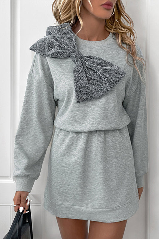 Gray Glitter Bow High Waist Sweatshirt Dress - The Fair Lady Shop
