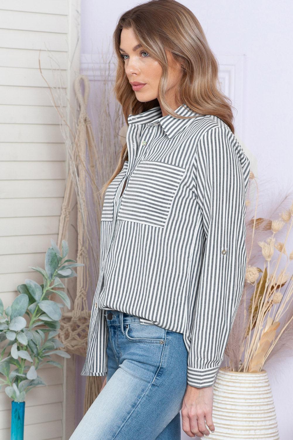 Blue Striped Chic Pockets Roll Up Sleeve Buttons Front Shirt - The Fair Lady Shop