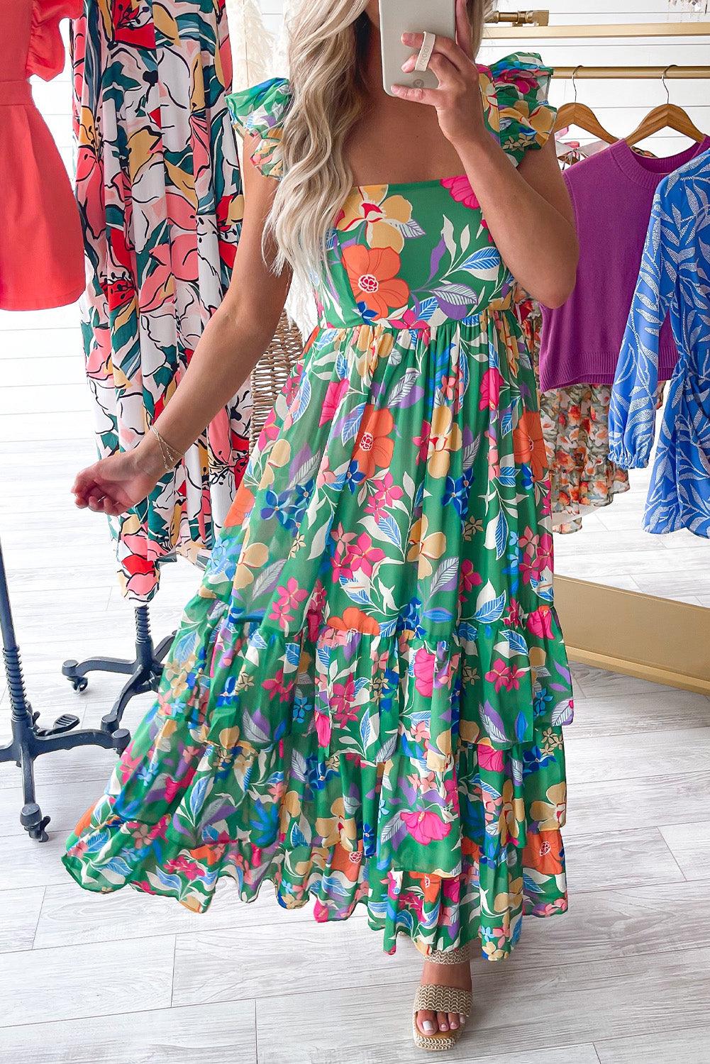 Pink Floral Print Sleeveless Ruffle Tiered Maxi Dress - The Fair Lady Shop