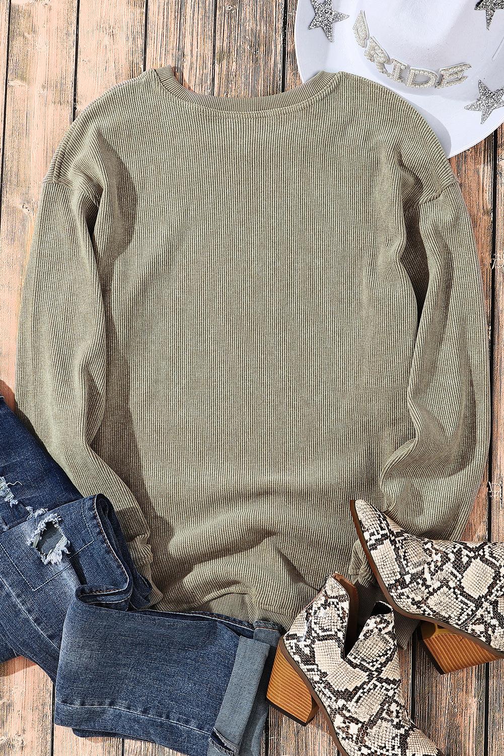 Khaki Solid Ribbed Round Neck Pullover Sweatshirt - The Fair Lady Shop