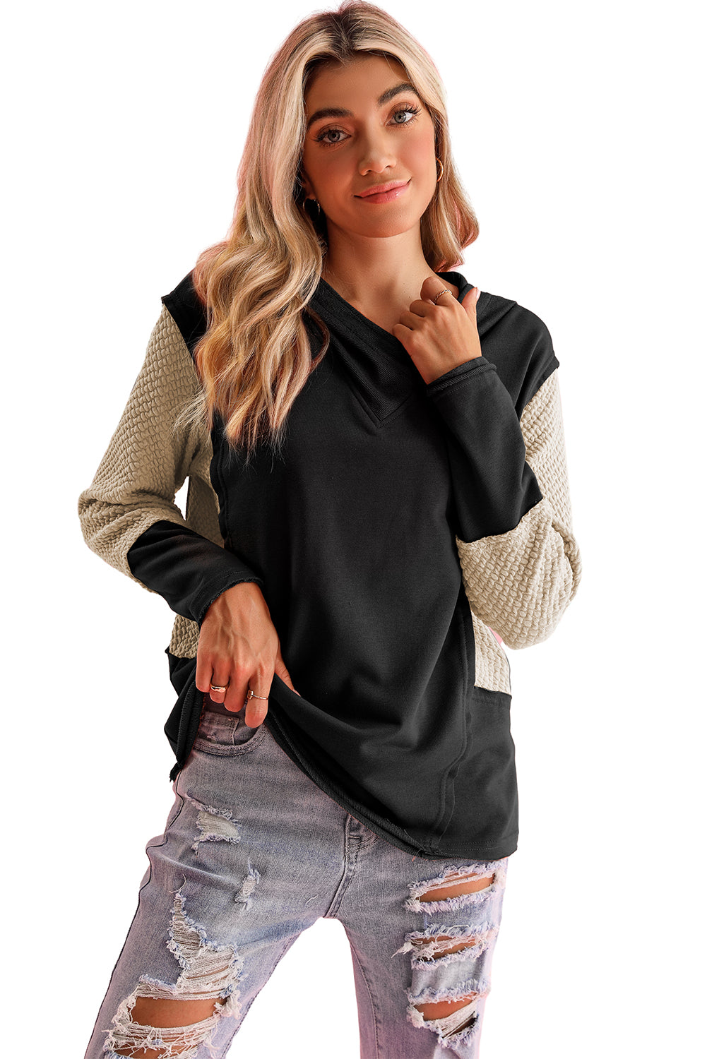 Black Textured Splicing Sleeve Raw Hem Hoodie - The Fair Lady Shop