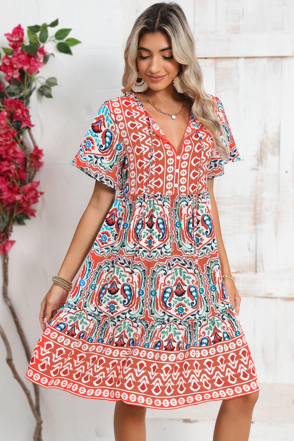 Orange Bohemian Tie Neck Flounce Sleeve Ruffle Hem Mini Dress - The Fair Lady Shop
