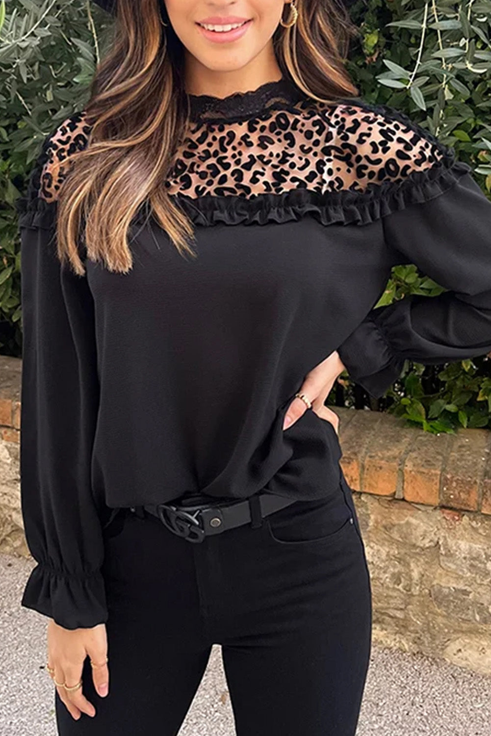 Black Leopard Sheer Splicing Lace Neck Ruffle Blouse - The Fair Lady Shop