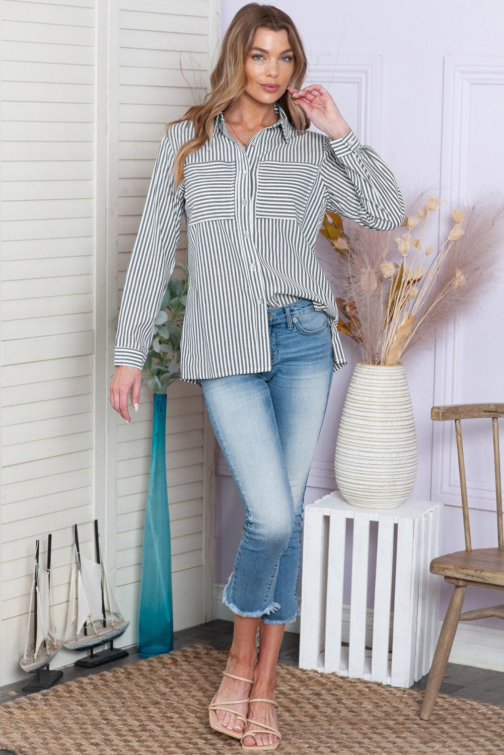 Blue Striped Chic Pockets Roll Up Sleeve Buttons Front Shirt - The Fair Lady Shop