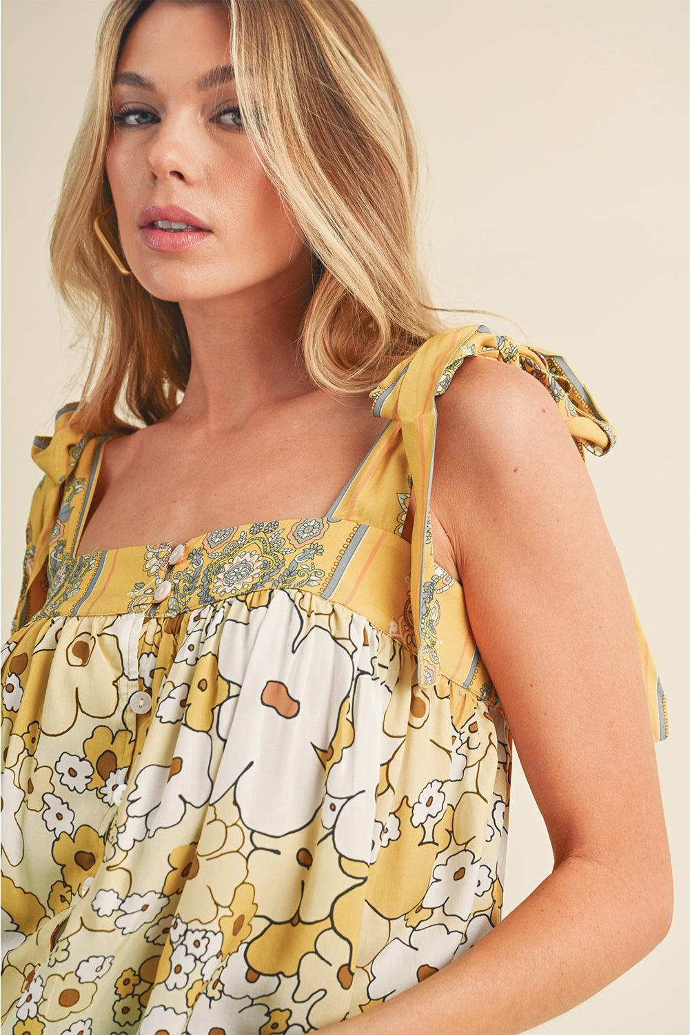 Yellow Floral Patchwork Boho Knot Straps Top - The Fair Lady Shop