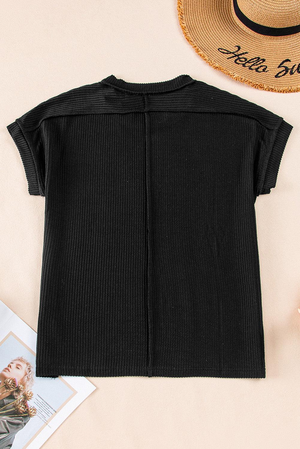 Medium Grey Ribbed Knit Exposed Seam Round Neck T-shirt - The Fair Lady Shop