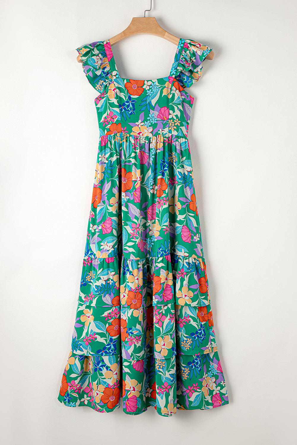 Pink Floral Print Sleeveless Ruffle Tiered Maxi Dress - The Fair Lady Shop