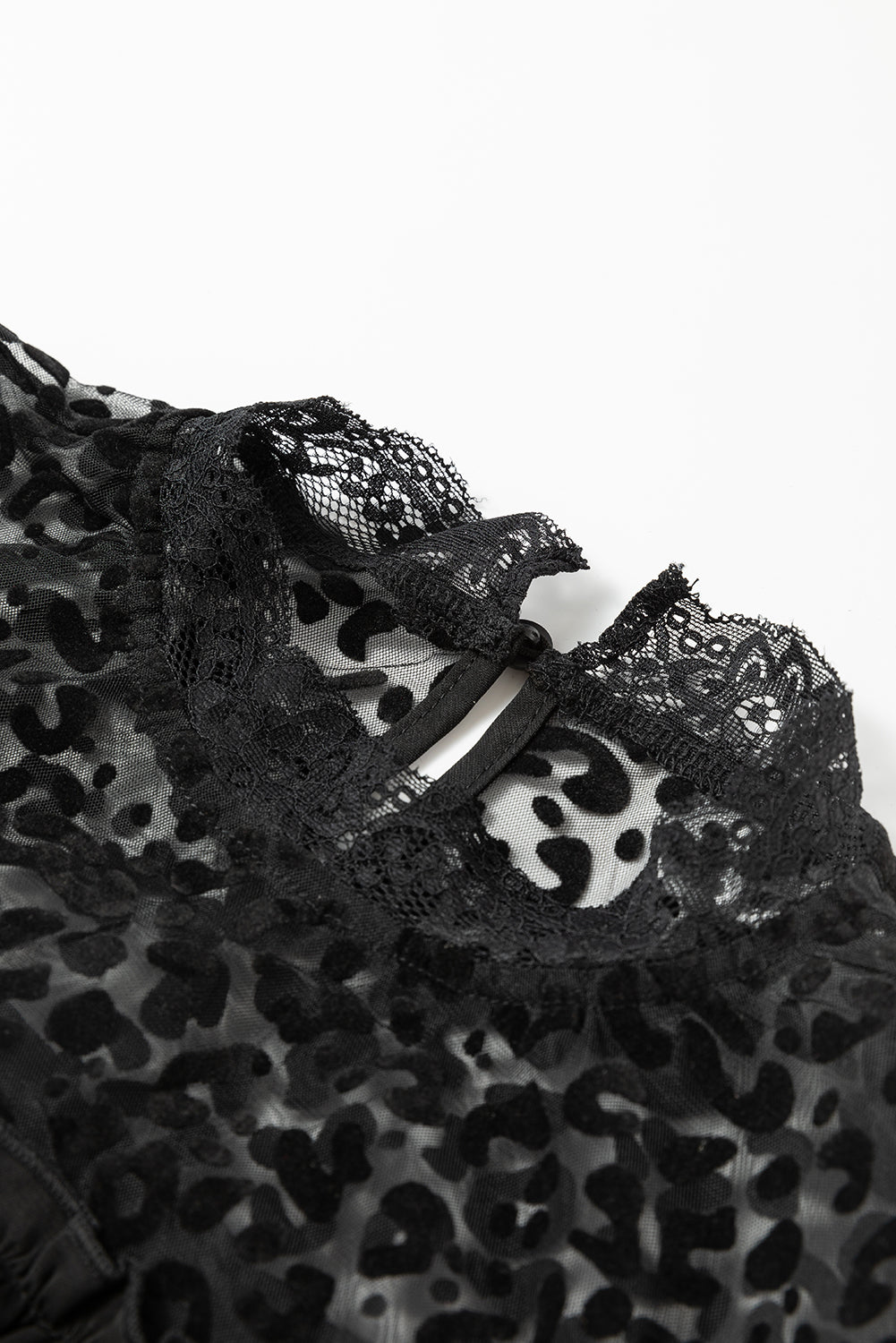 Black Leopard Sheer Splicing Lace Neck Ruffle Blouse - The Fair Lady Shop