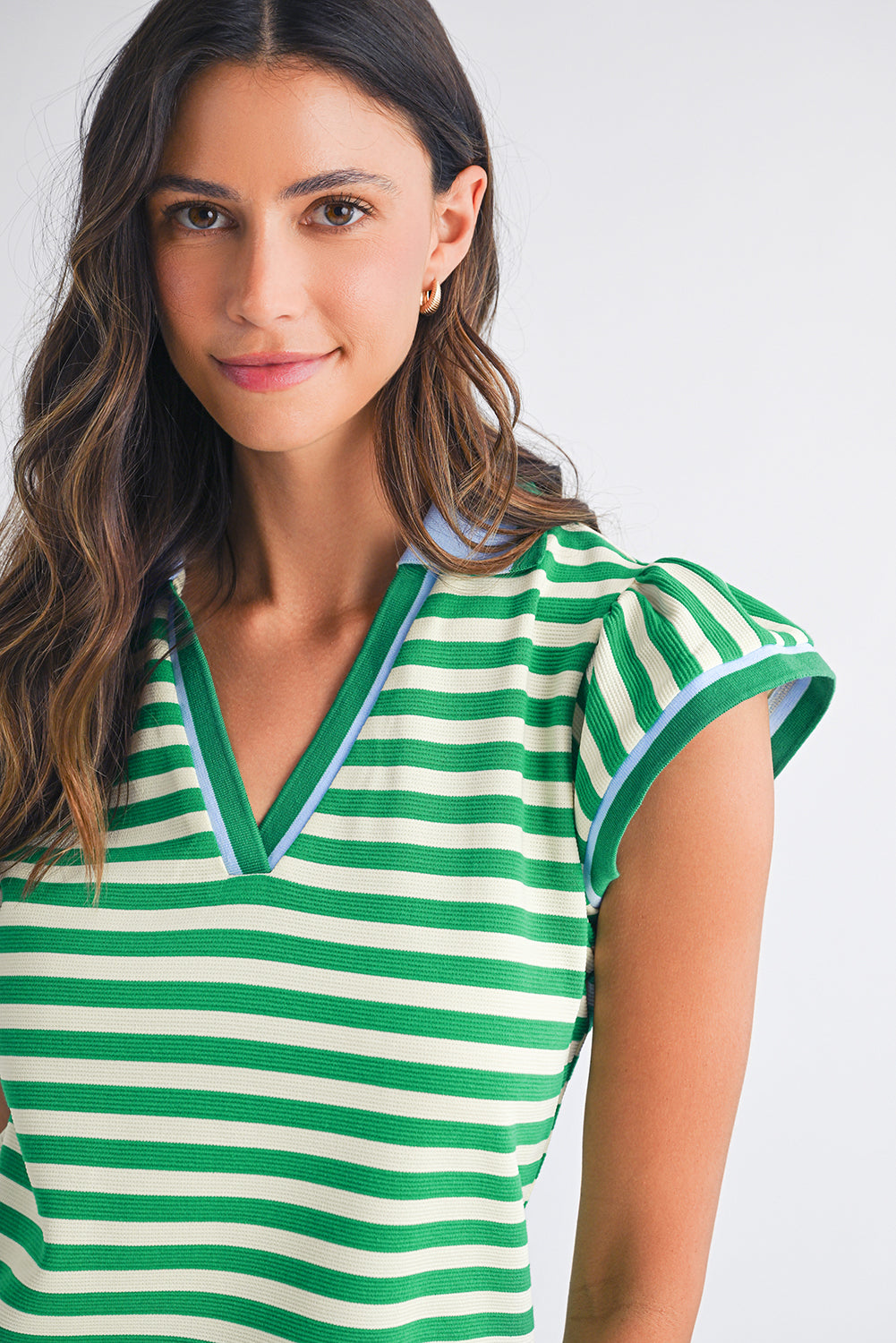 Green Striped Ruffle Short Sleeve Pop of Color Neckline Dress - The Fair Lady Shop
