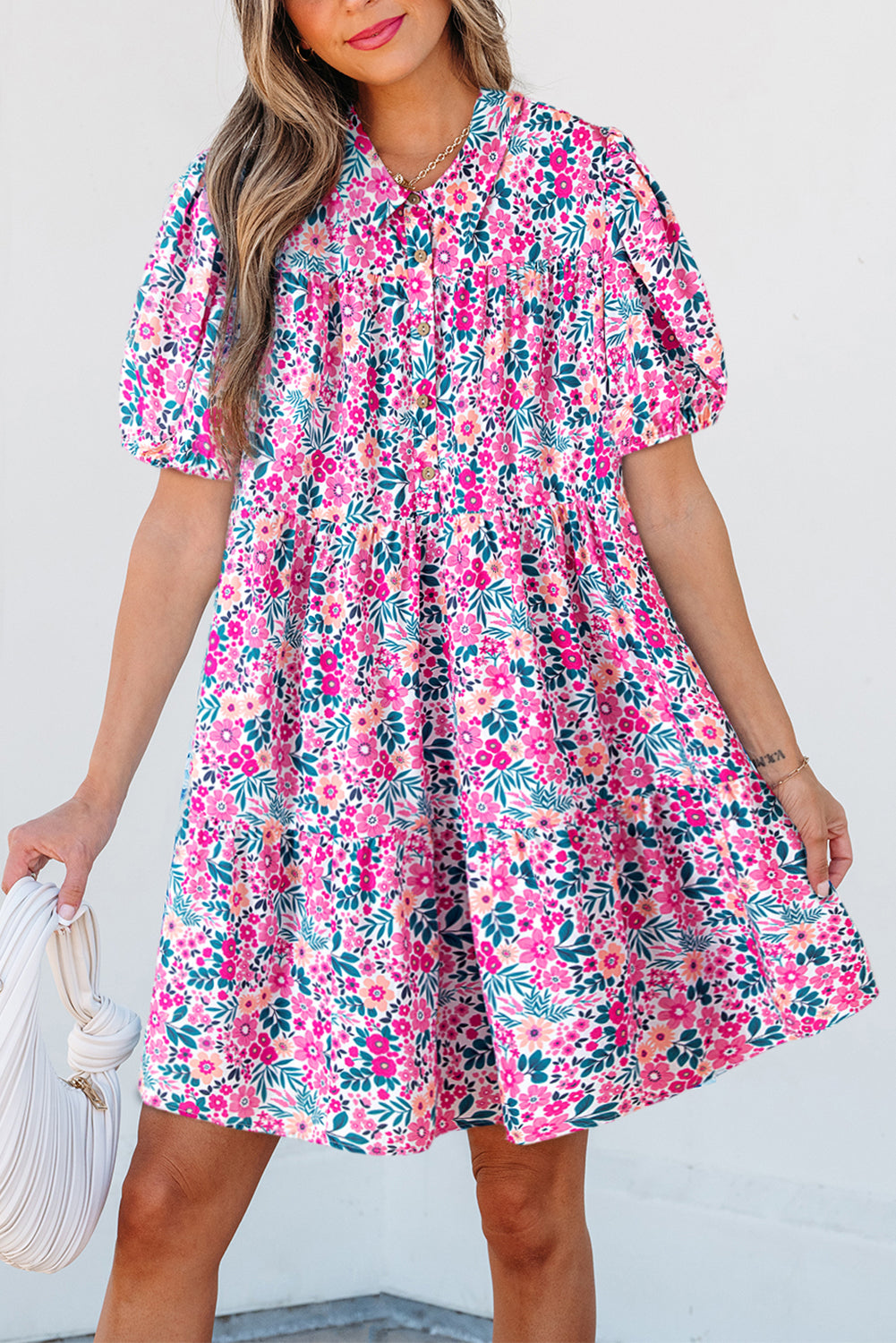 Pink Allover Floral Print Collar Half Button Short Sleeve Loose Dress - The Fair Lady Shop