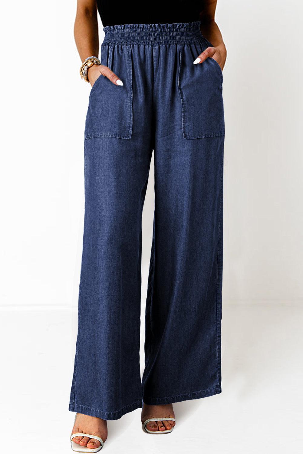Black Side Pockets Frilled Smocked High Waist Wide Leg Jeans - The Fair Lady Shop
