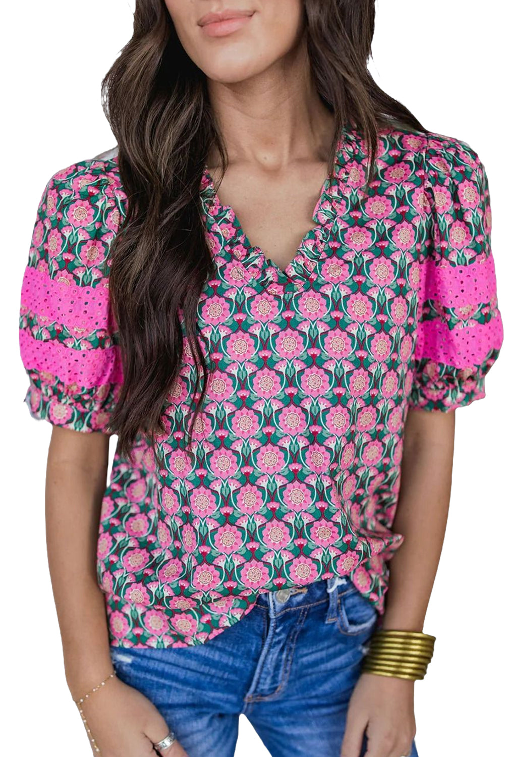 Sachet Pink Frill V-Neck Abstract Print Puff Sleeve Top - The Fair Lady Shop