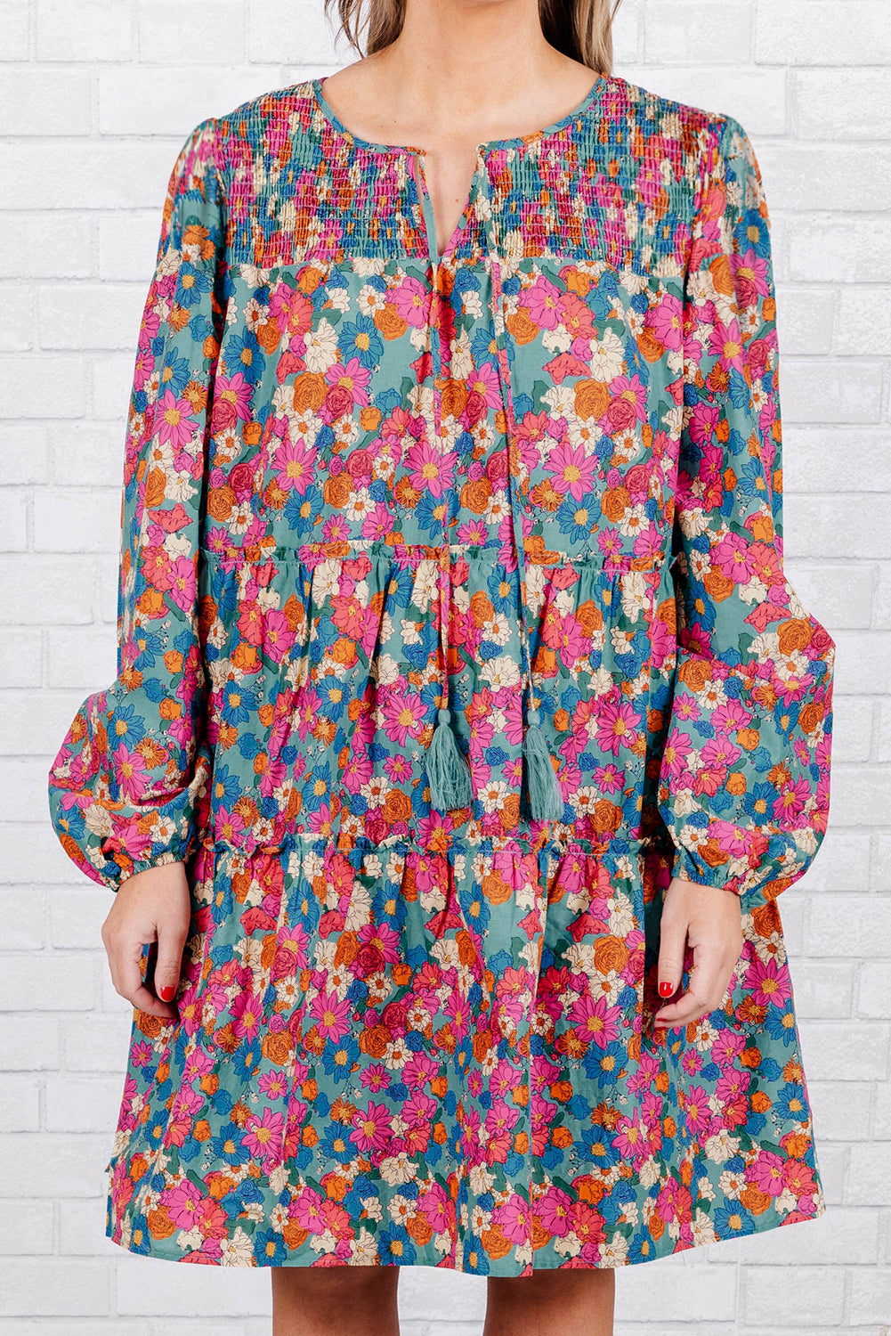 Sky Blue Floral Allover Print Shirred Plus Size Mini Dress - The Fair Lady Shop