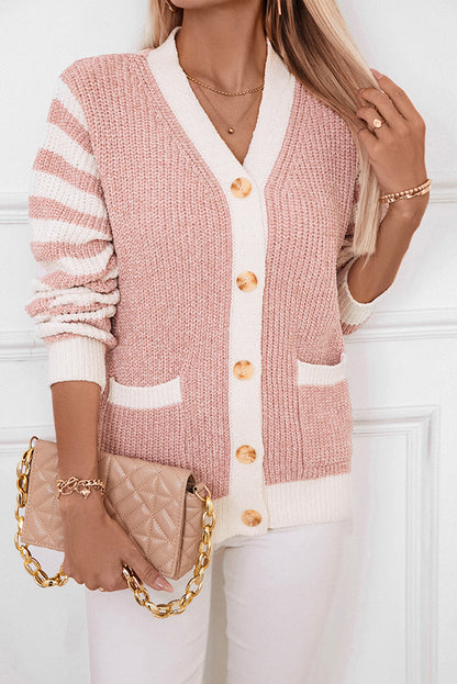 Gossamer Pink Striped V Neck Button Cardigan With Pocket - The Fair Lady Shop