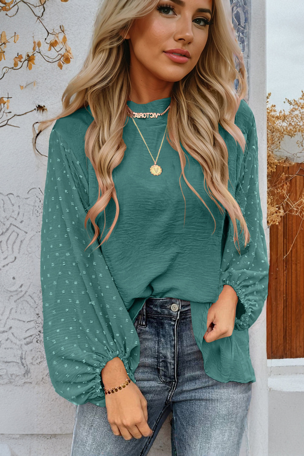 Skobeloff Swiss Dot Balloon Sleeve Patchwork Crinkle Blouse - The Fair Lady Shop