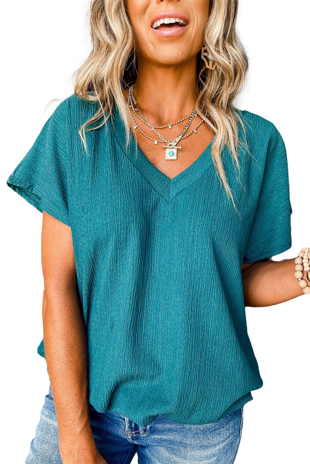 Blue Plain Crinkled V Neck Flounce Sleeve T Shirt - The Fair Lady Shop