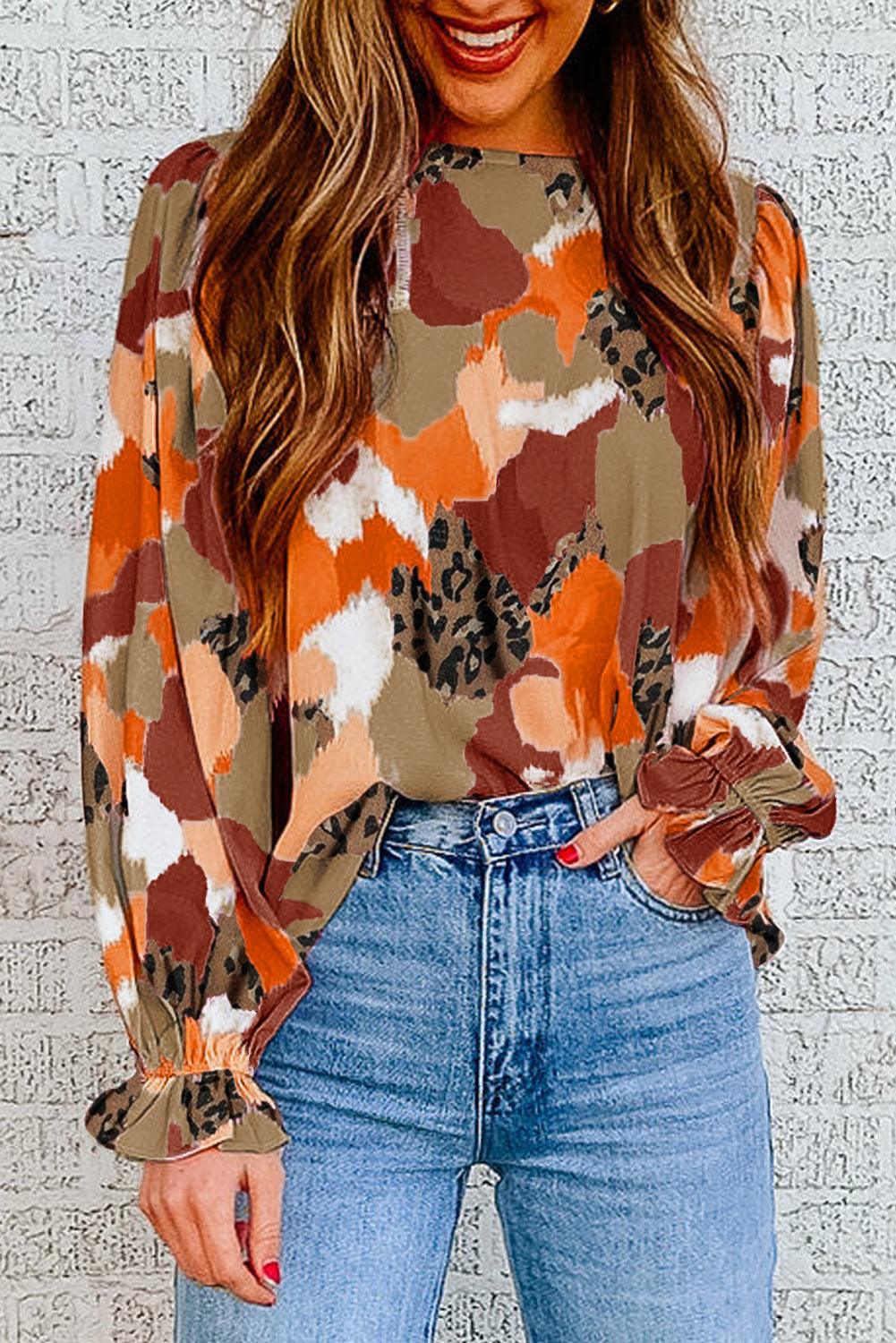 Multicolor Abstract Print Boho Ruffle Puff Sleeve Blouse - The Fair Lady Shop