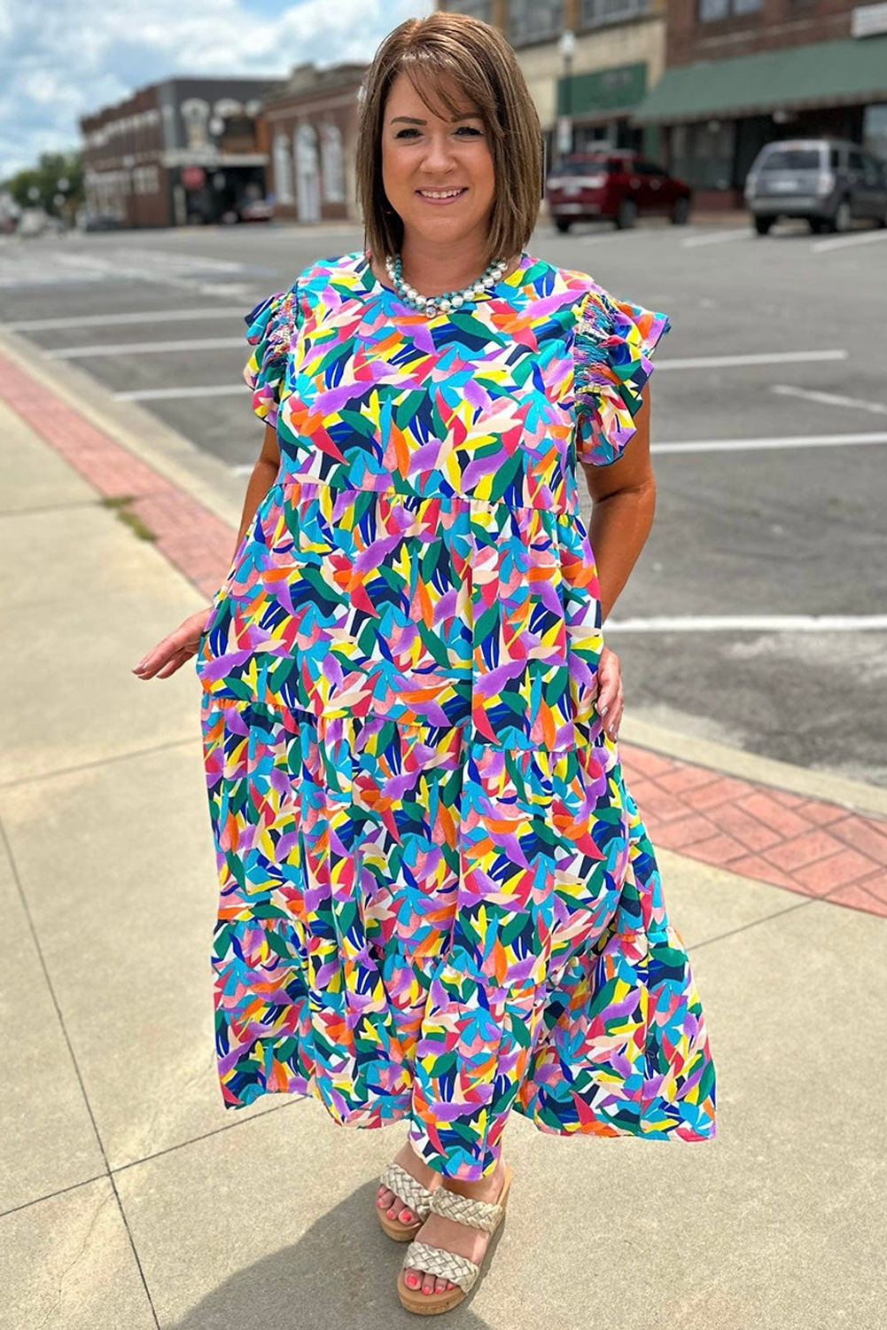 Blue Abstract Print Ruffle Sleeve Plus Size Tiered Maxi Dress - The Fair Lady Shop