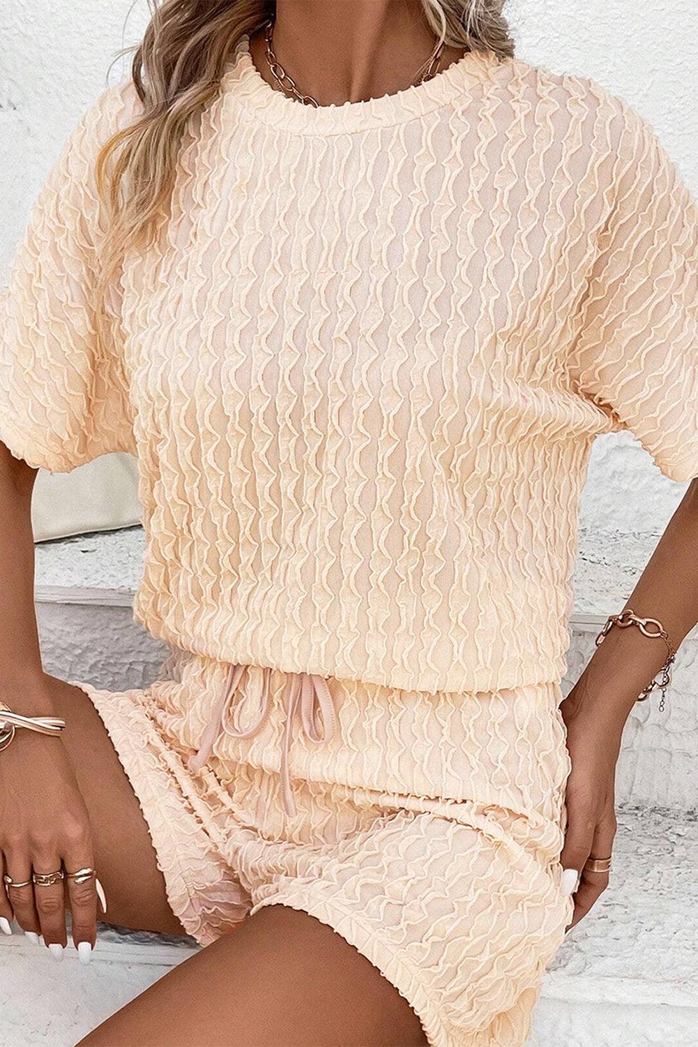 Beige Frill Textured Tee and Drawstring Shorts Set - The Fair Lady Shop