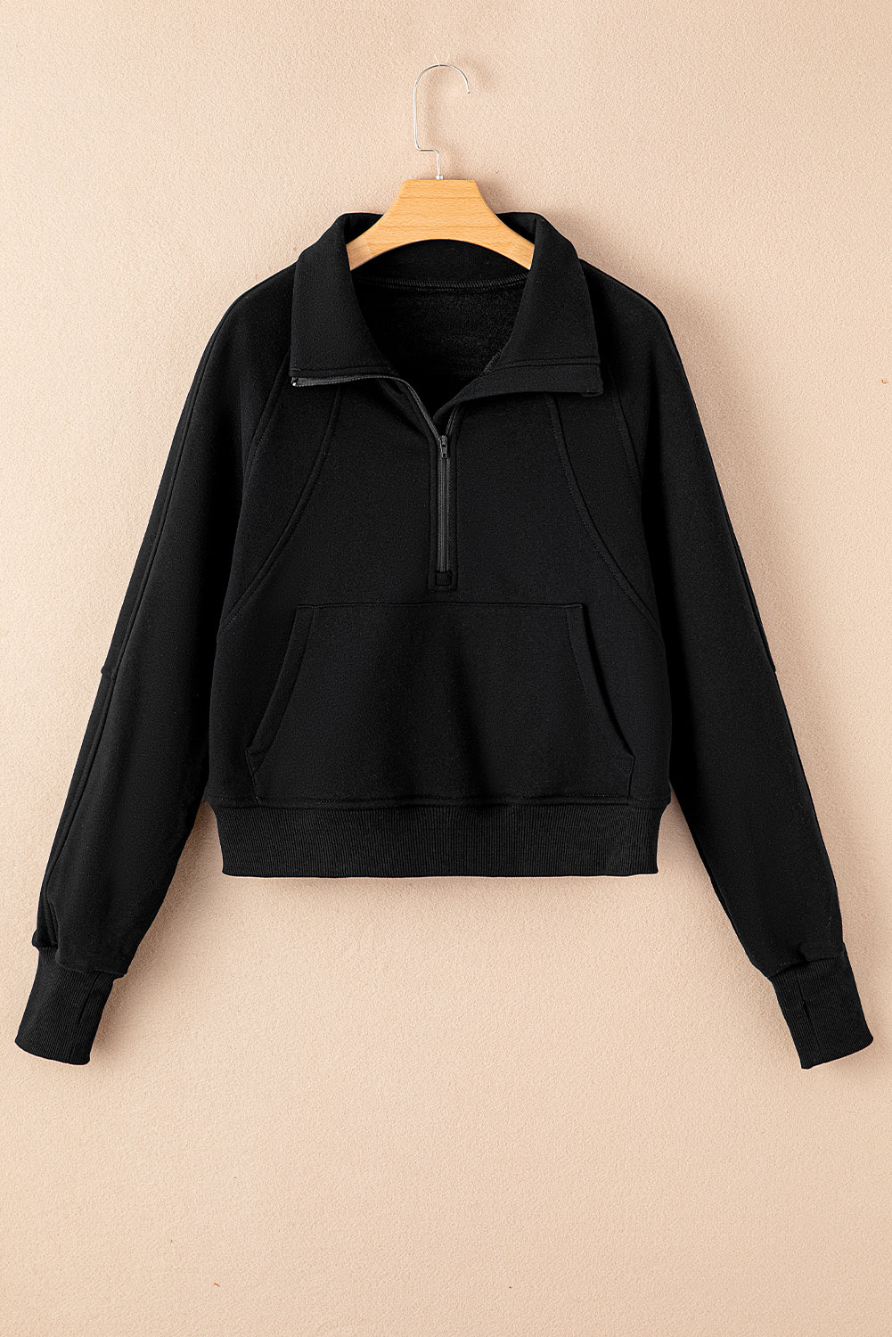 Black Zip Up Stand Collar Ribbed Thumbhole Sleeve Sweatshirt - The Fair Lady Shop