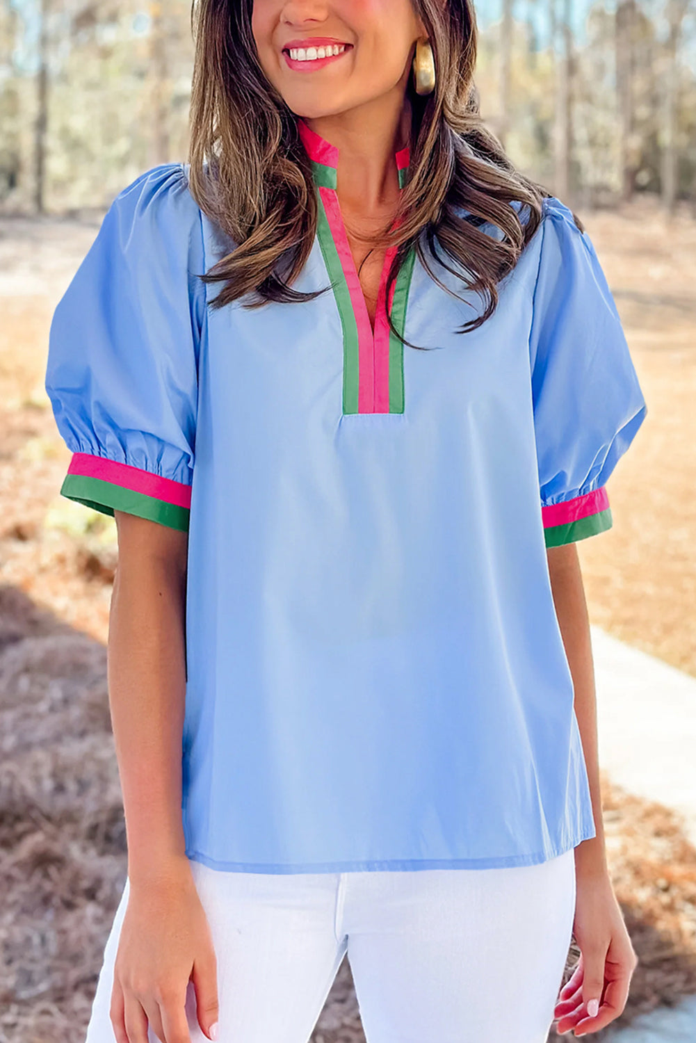 Sky Blue Puff Sleeve Pop of Color Neckline Blouse - The Fair Lady Shop