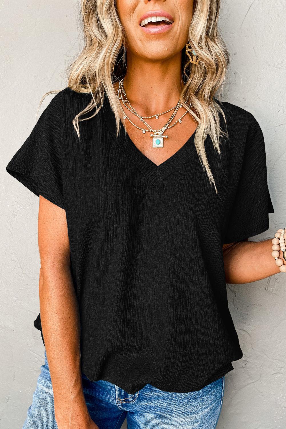 Blue Plain Crinkled V Neck Flounce Sleeve T Shirt - The Fair Lady Shop