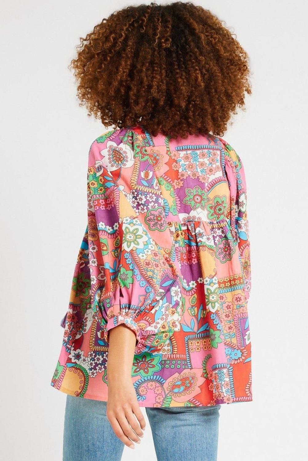 Multicolour Boho Floral Tie V Neck Pleated Blouse - The Fair Lady Shop