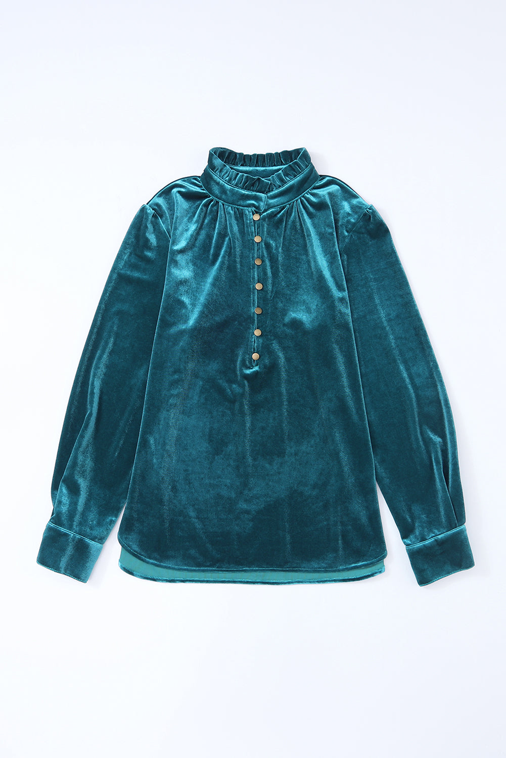 Green Frilled Neck Buttoned Front Velvet Top - The Fair Lady Shop
