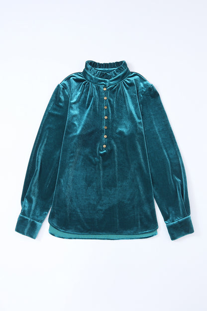Green Frilled Neck Buttoned Front Velvet Top - The Fair Lady Shop