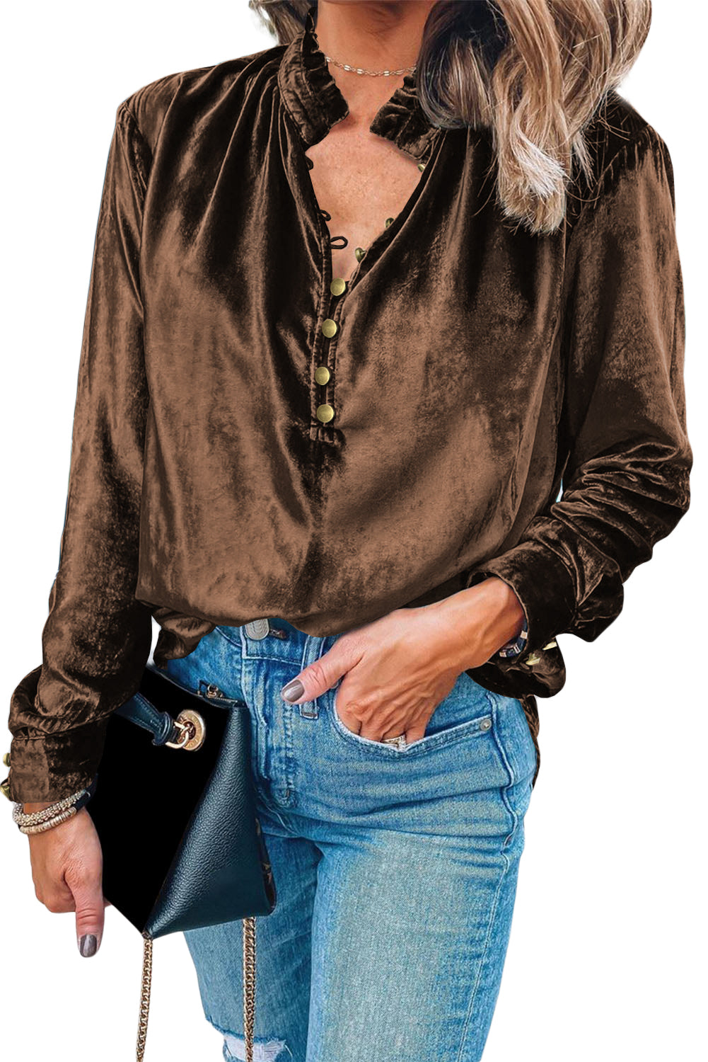 Desert Palm Frilled Neck Buttoned Front Velvet Top - The Fair Lady Shop