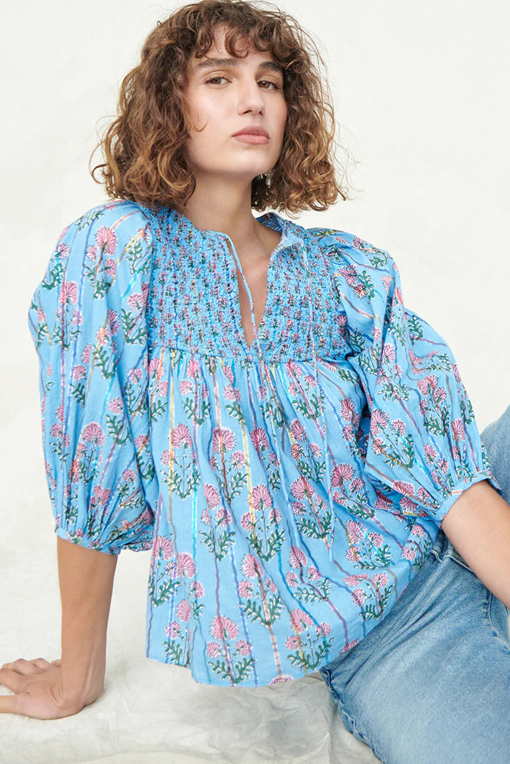 Sky Blue Floral Striped Smocked V Neck Blouse - The Fair Lady Shop