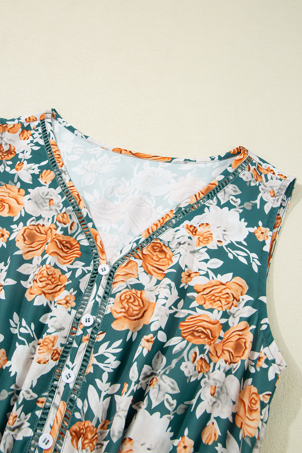 Green Floral Print Trimmed V Neck Sleeveless Vacation Dress - The Fair Lady Shop