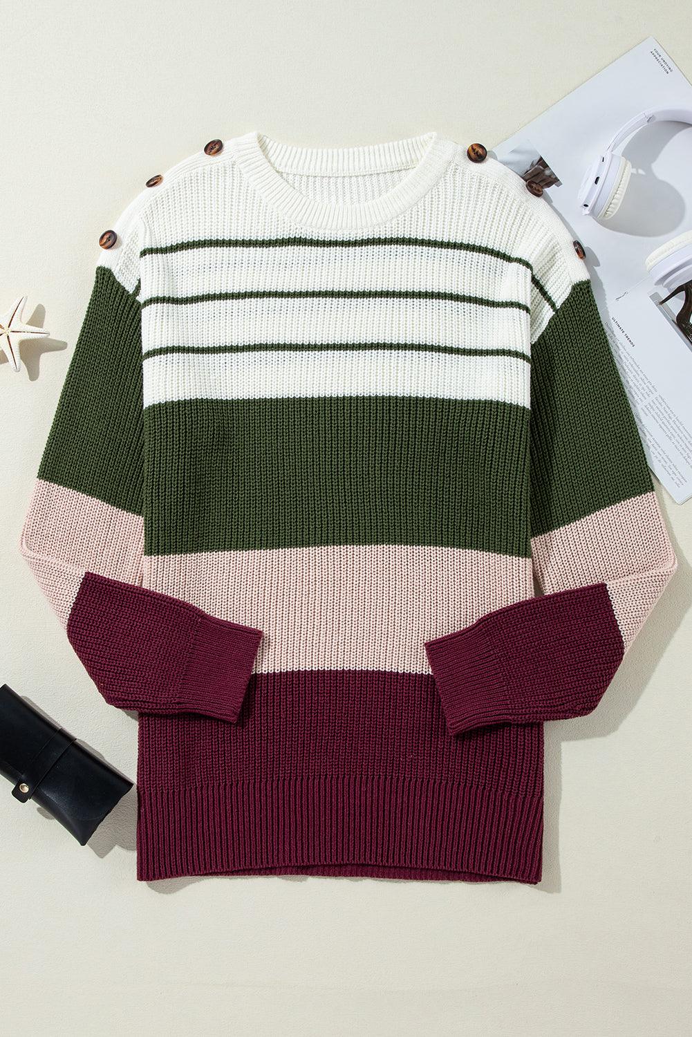 Green Color Block Striped Buttoned Shoulder Split Sweater - The Fair Lady Shop