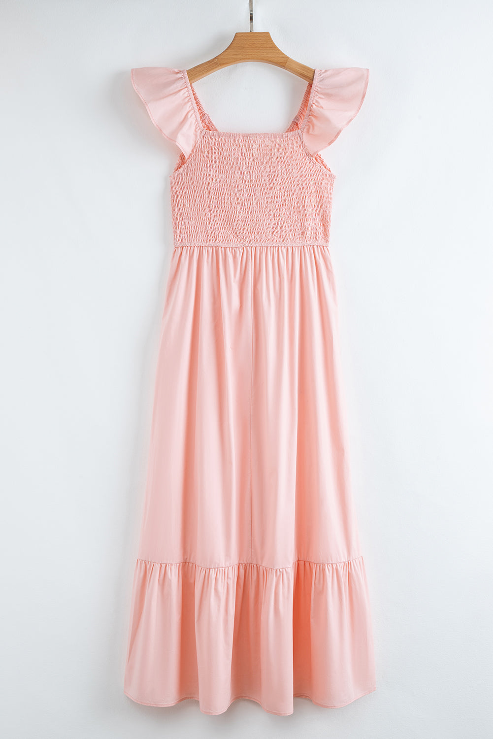 Apricot Pink V Neck Flutter Sleeve Smocked Bodice High Waist Ruffle Maxi Dress - The Fair Lady Shop