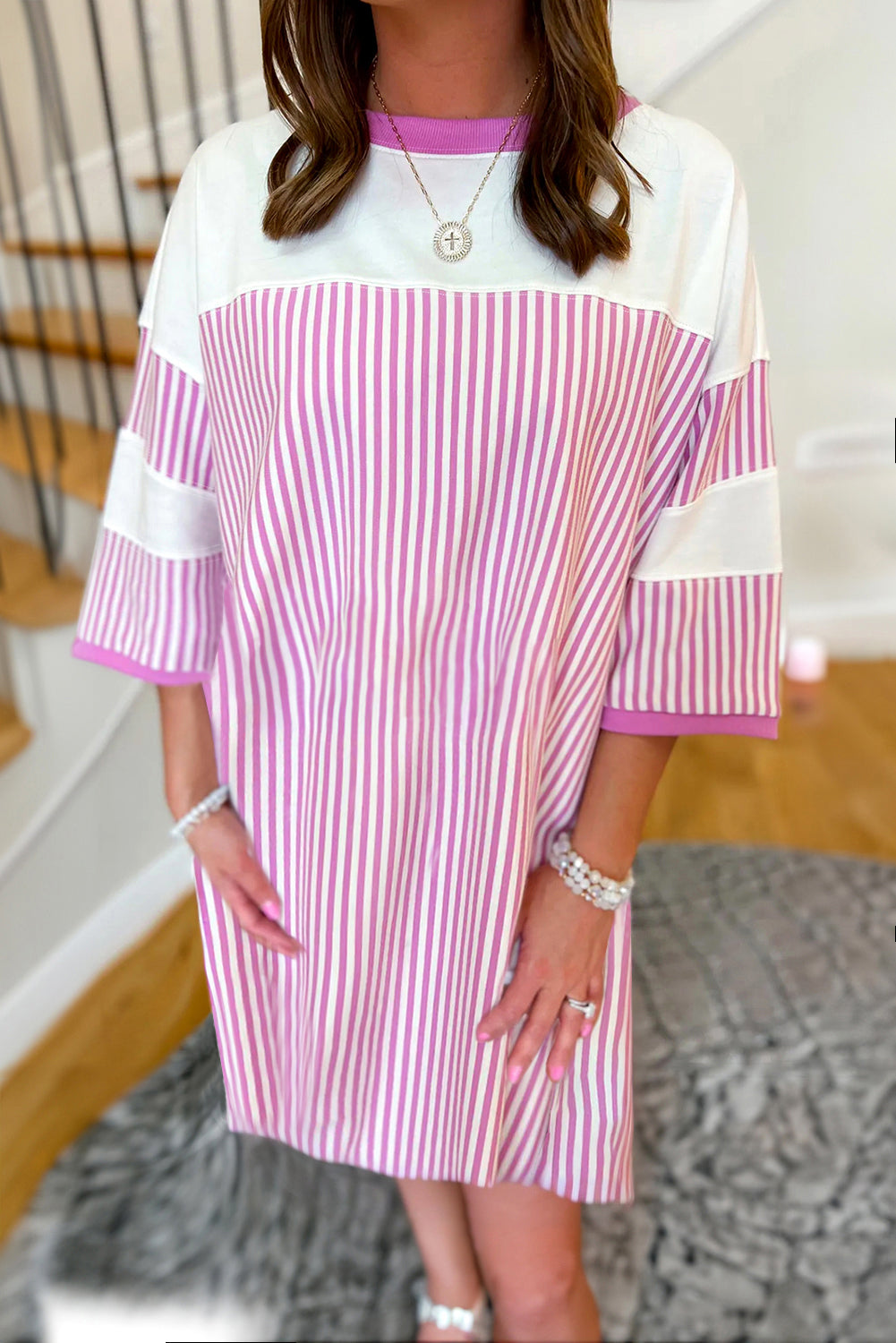 Phalaenopsis Striped Patchwork Loose Mini Dress - The Fair Lady Shop
