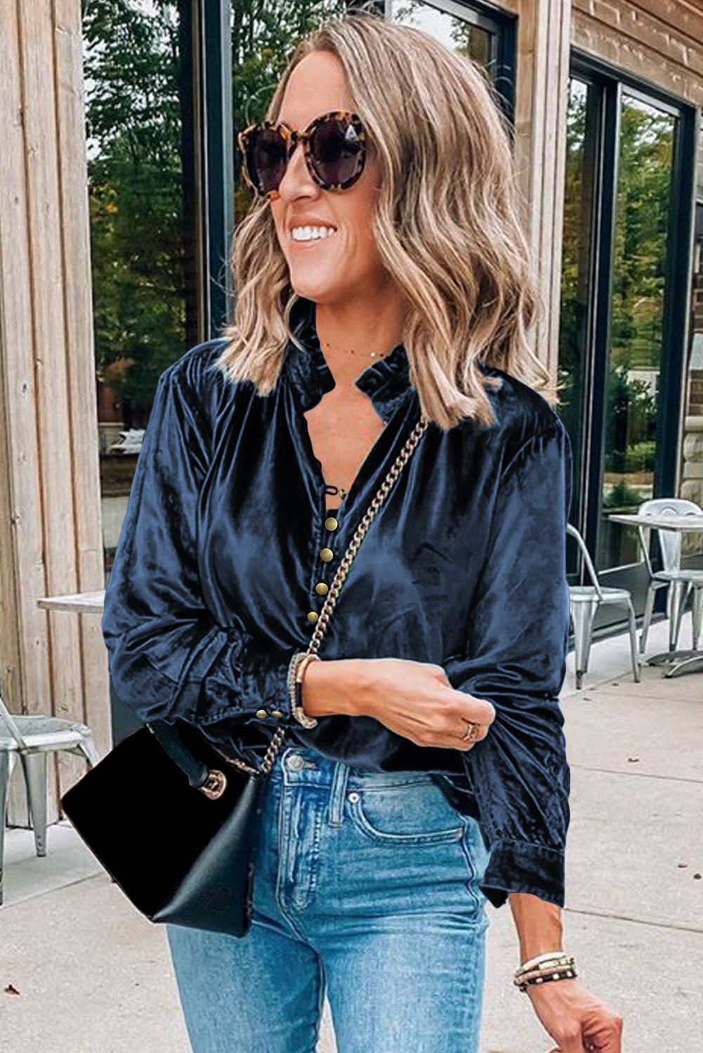 Navy Blue Frilled Buttoned V Neck Velvet Blouse - The Fair Lady Shop