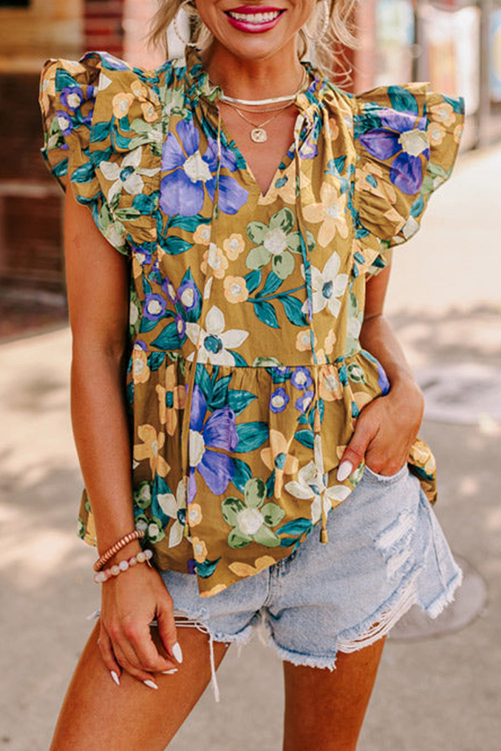 Yellow Floral Print Tie V Neck Ruffle Top - The Fair Lady Shop