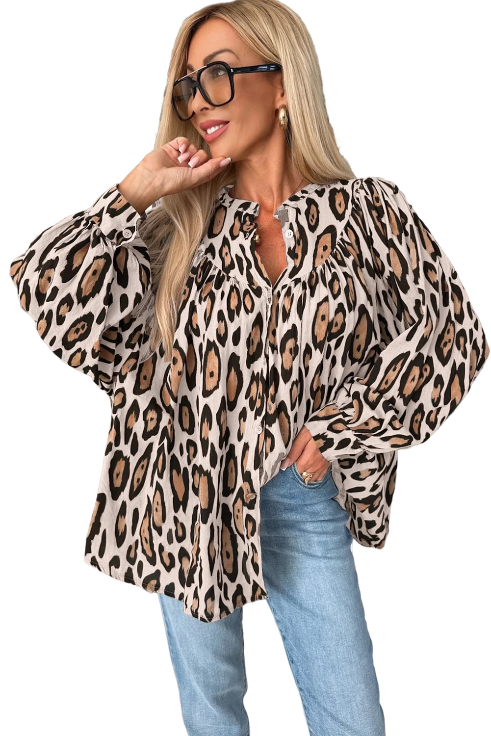 Jet Stream Leopard Print Balloon Sleeve Loose Blouse - The Fair Lady Shop