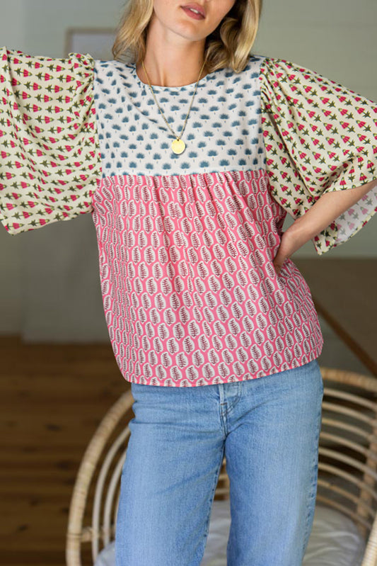 Red Colorblock Floral Flounce Sleeve Blouse - The Fair Lady Shop