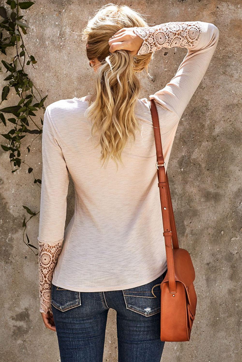 Beige Ribbed Lace Crochet Long Sleeve Henley Shirt for Women - The Fair Lady Shop