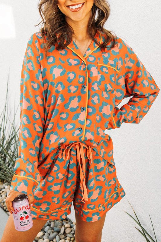 Orange Leopard Print Long Sleeve Shirt and Shorts Pajama Set - The Fair Lady Shop