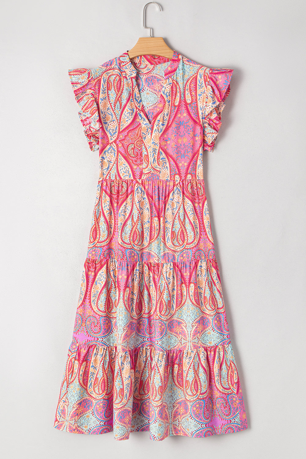 Rose Ethnic Paisley Print Ruffle Sleeve Notch Neck Midi Dress - The Fair Lady Shop