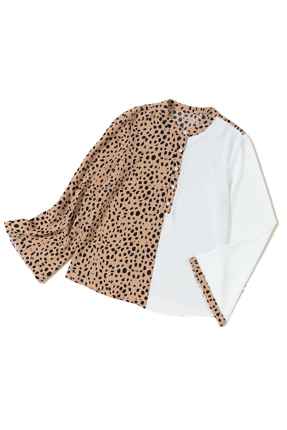 Khaki Leopard and White Patchwork Henley Blouse - The Fair Lady Shop