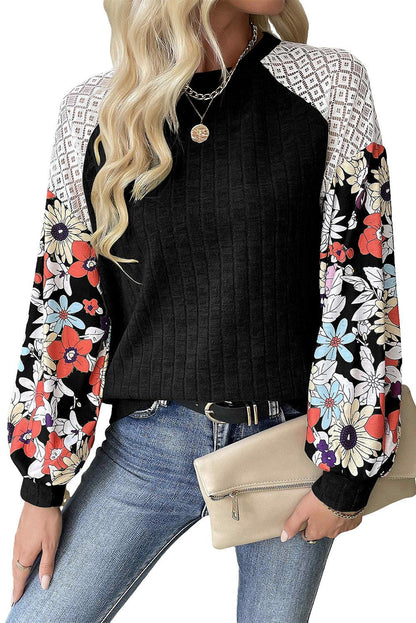 Parchment Floral Patchwork Raglan Sleeve Ribbed Blouse - The Fair Lady Shop