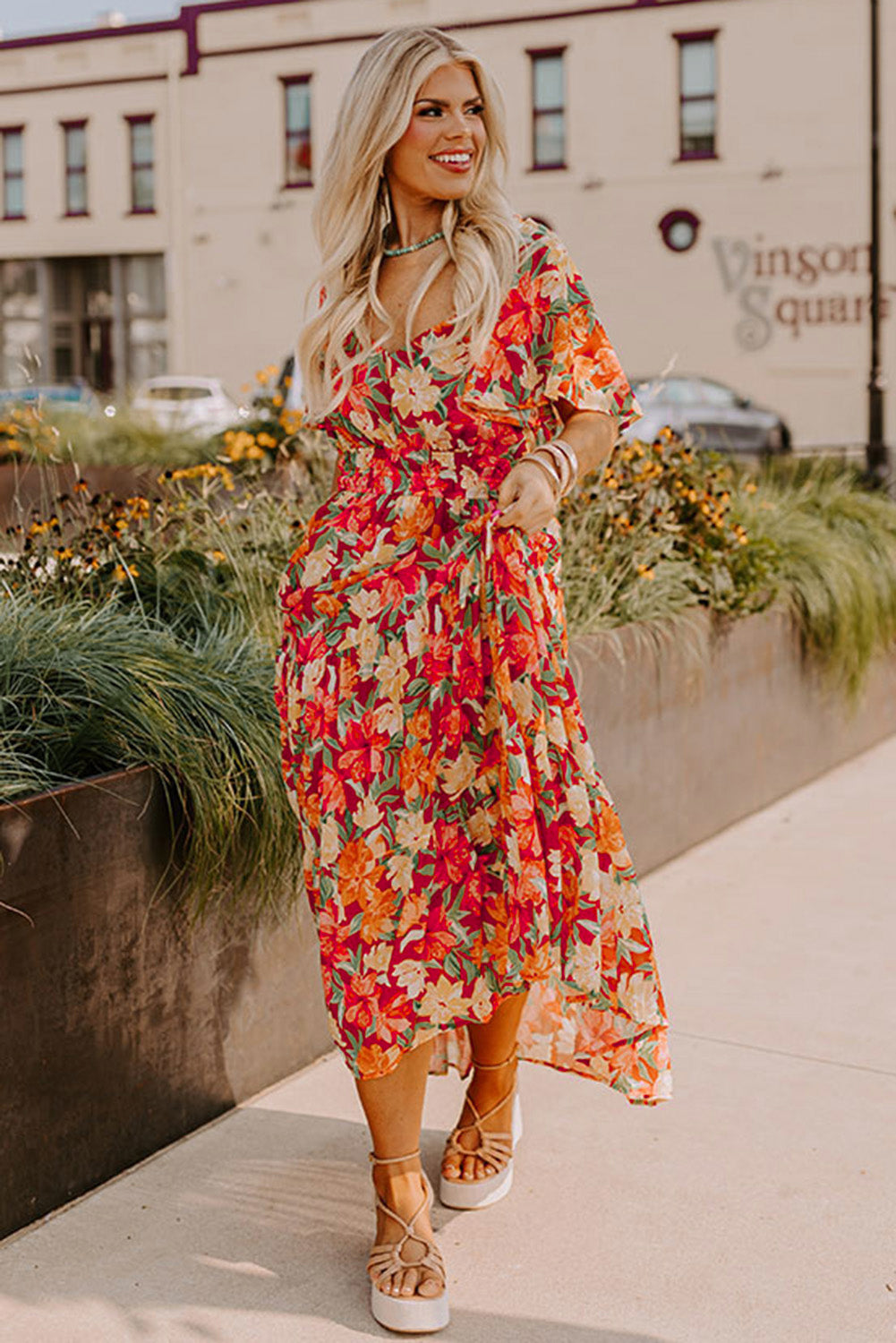 Orange Plus Size Floral V Neck Cinched Waist Maxi Dress - The Fair Lady Shop